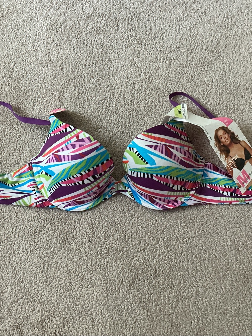 MAIDENFORM CUSTOM LIFT BRA/SWIM TOP MULTI COLOR PADDED- 36 B- NWT